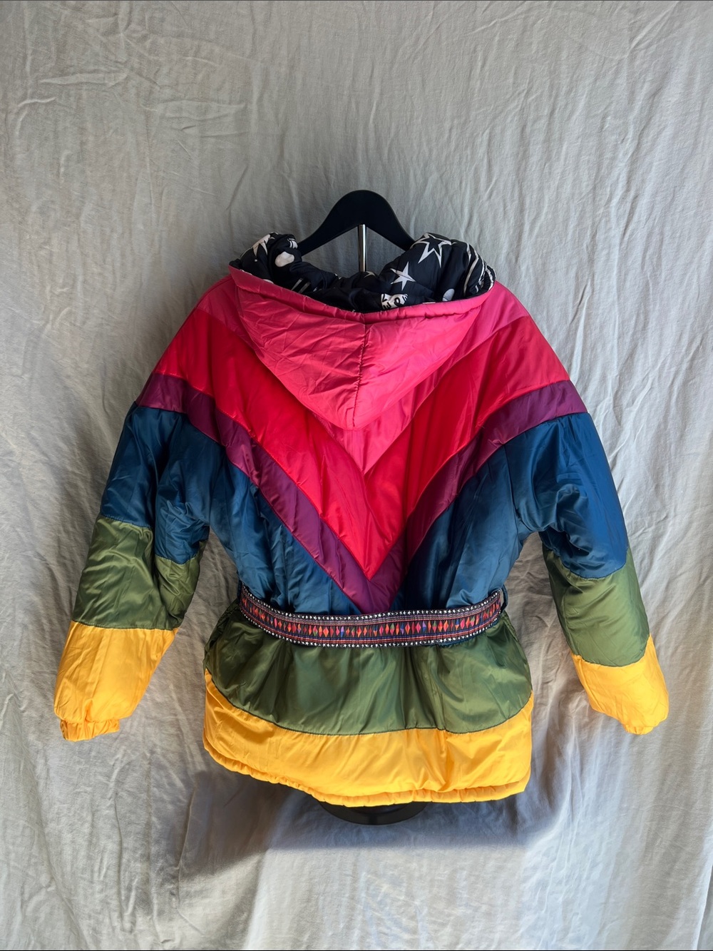 Farm Rio Cerrado Sky Reversible Puffer Jacket Size L Black White Rainbow - Picture 9 of 10